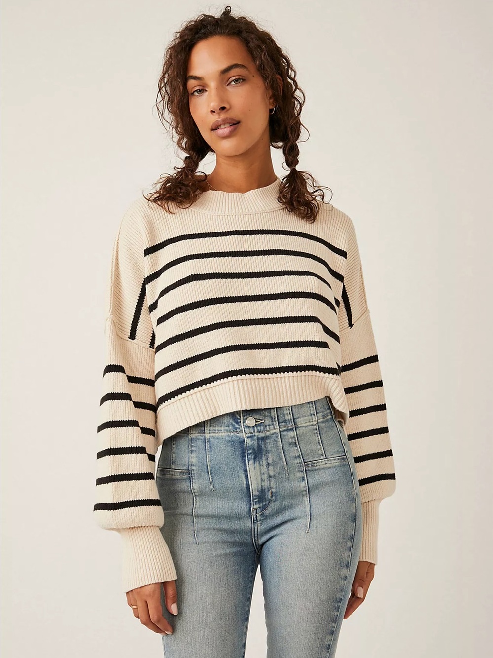 Free People Cropped Cream and Black Striped Knit Sweater